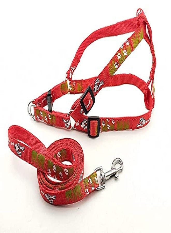 Pups&Pets Pet 15 MM Adjustable Leash with Harness Set with Puppy Printed Nylon Harness for Small & Medium Dogs (Red) - Image 1